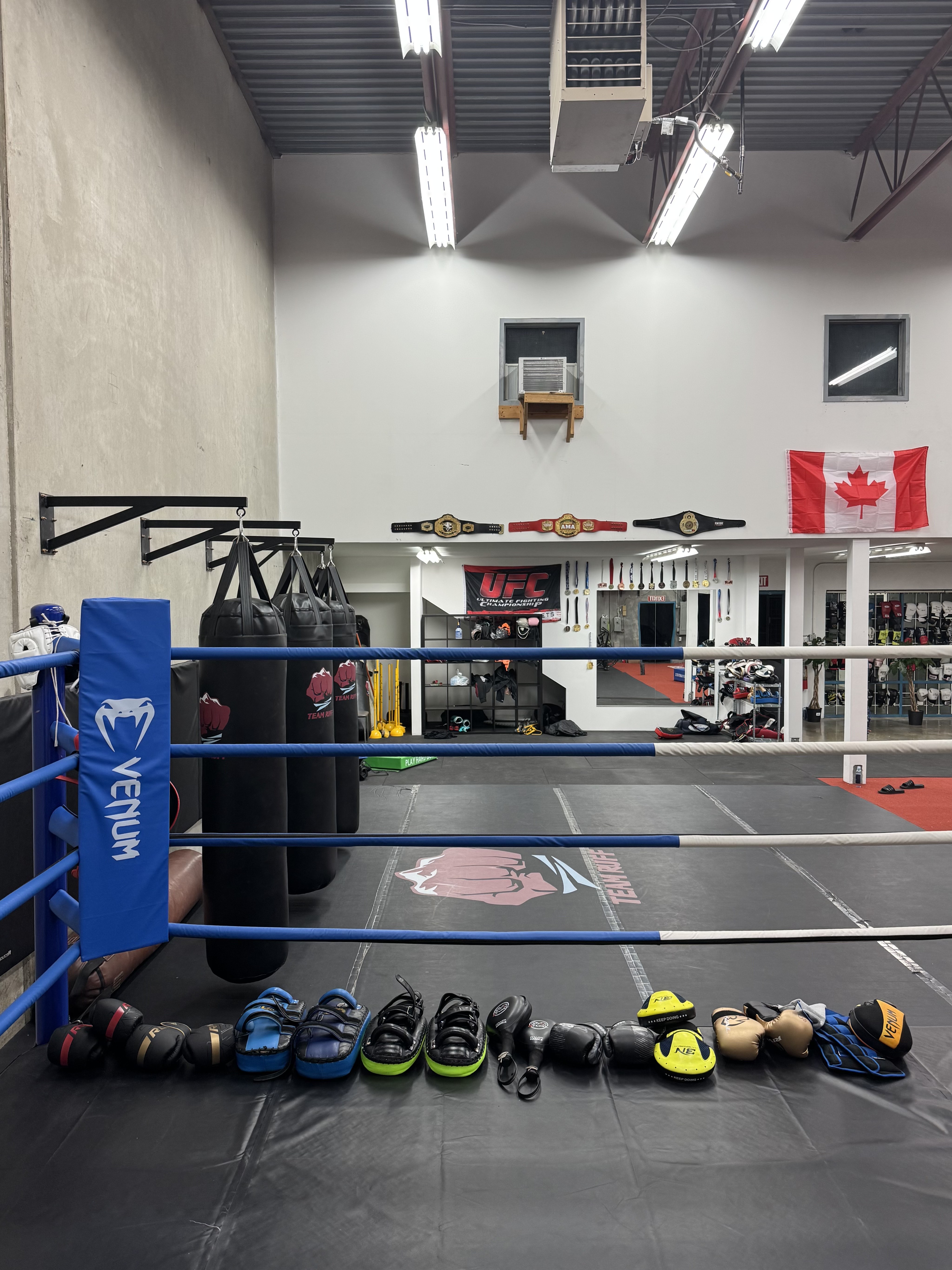 An image inside a gym with a boxing ring, pads and gloves, championship belts on the wall, a flag and some lift equipment ...