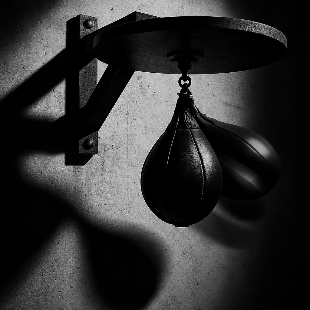 A close-up shot of a black, leather speed bag hanging from a metal bracket on a concrete wall. The bag casts a shadow on t...