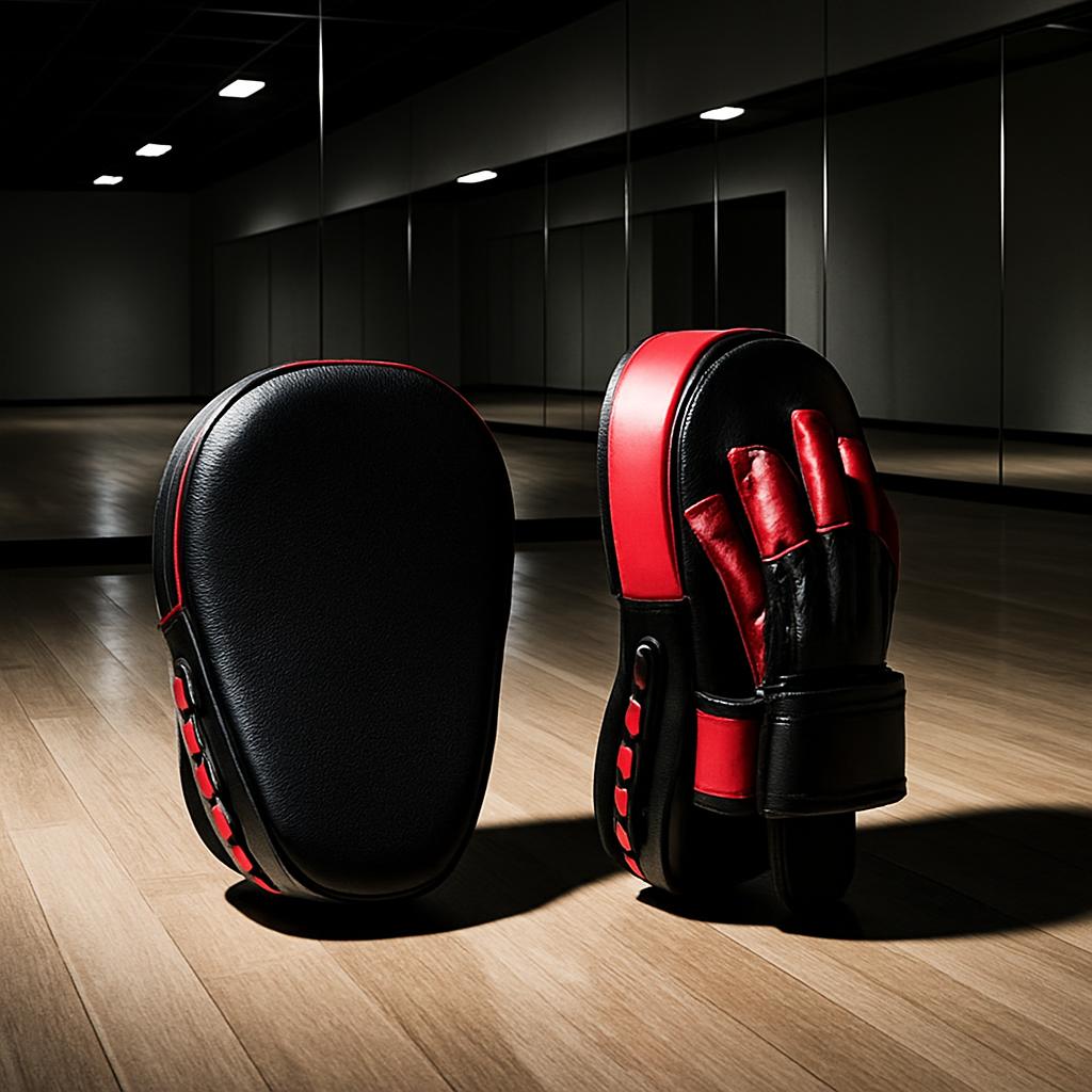 Black and red leather or faux leather boxing gloves, standing up vertically down the frames vertical edges so that its clo...