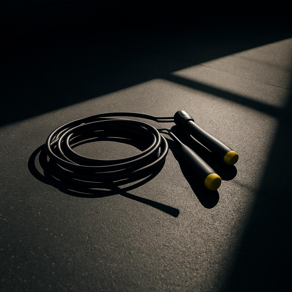 A black jump rope with yellow accents lies coiled on a dark surface in a well-lit area, with light casting visible shadows.